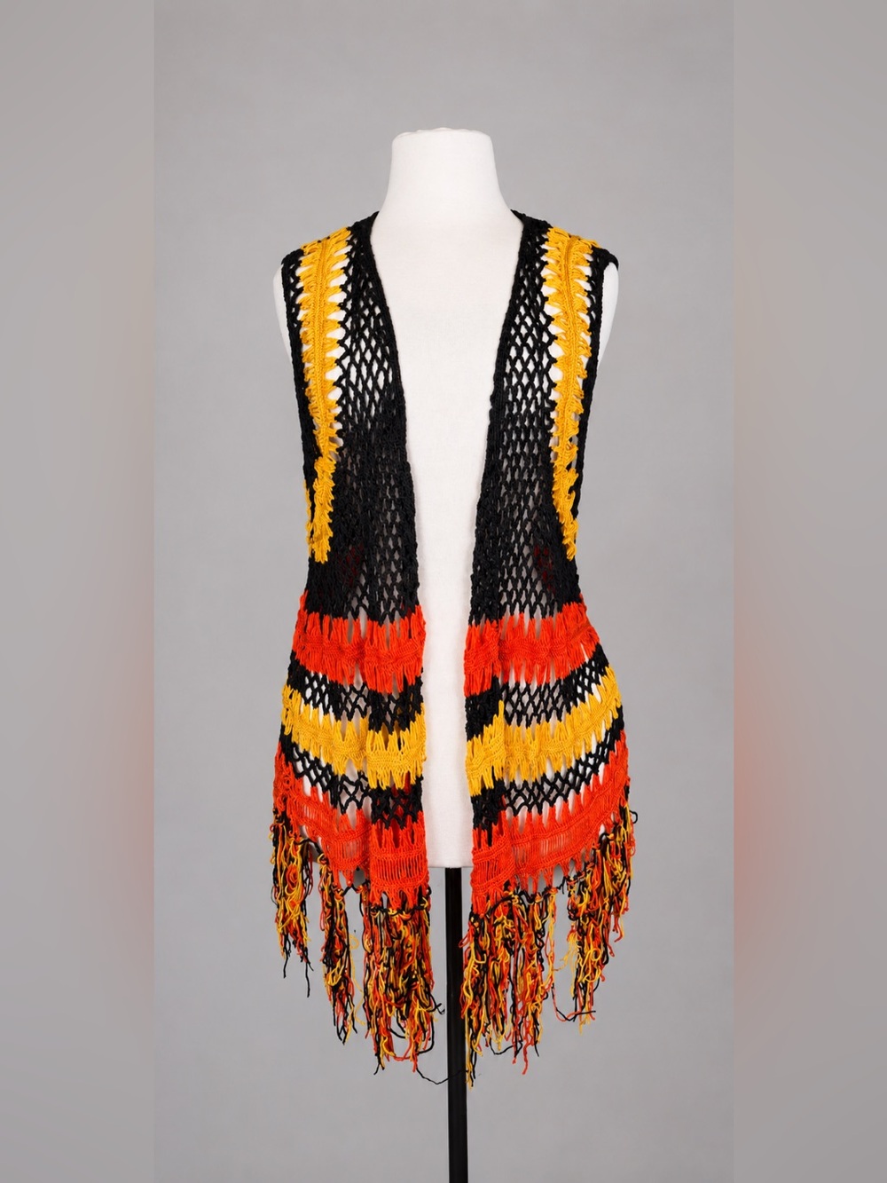 Deep Sugar Crochet Fringe Vest Boho Festival Sleeveless Duster XL